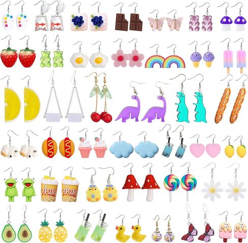 ريوسو 40 زوجًا من الأقراط الغريبة اللطيفة والمضحكة والقرط الغائر والزهور الغذائية والفطر والحلوى والبط وزجاجة المياه ديناصور وفراشة الفراولة والحيوانات المجنونة وغير التقليدية مجموعة أقراط متدلية للنساء in Kuwait