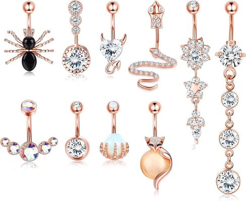 Subiceto 10pcs 14G الفولاذ المقاوم للصدأ استرخى البطن زر الدائري للنساء ثعبان جمجمة اليد مع أوبال العنكبوت الثعلب واضح تشيكوسلوفاكيا ارتفع الذهب الشظية منحني السرة الحديد ثقب خواتم مجموعة in Kuwait