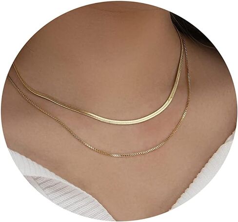 Mauzew 18K Gold Plated Snake Chain Herringbone Necklace Layered Choker Chain Necklaces for Women Dainty Dot Pendant Necklaces Waterproof Jewelry Christmas Gifts for Girls in Kuwait