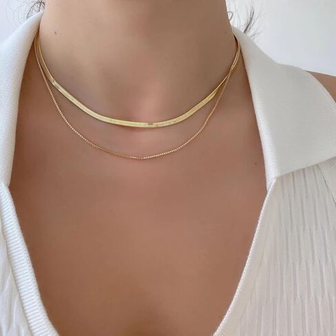 Mauzew 18K Gold Plated Snake Chain Herringbone Necklace Layered Choker Chain Necklaces for Women Dainty Dot Pendant Necklaces Waterproof Jewelry Christmas Gifts for Girls in Kuwait