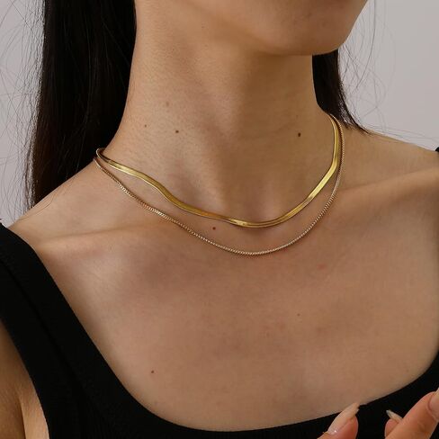 Mauzew 18K Gold Plated Snake Chain Herringbone Necklace Layered Choker Chain Necklaces for Women Dainty Dot Pendant Necklaces Waterproof Jewelry Christmas Gifts for Girls in Kuwait