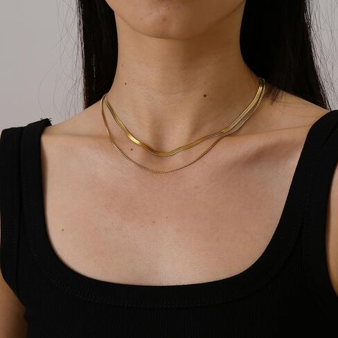 Mauzew 18K Gold Plated Snake Chain Herringbone Necklace Layered Choker Chain Necklaces for Women Dainty Dot Pendant Necklaces Waterproof Jewelry Christmas Gifts for Girls in Kuwait