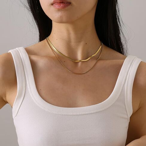 Mauzew 18K Gold Plated Snake Chain Herringbone Necklace Layered Choker Chain Necklaces for Women Dainty Dot Pendant Necklaces Waterproof Jewelry Christmas Gifts for Girls in Kuwait