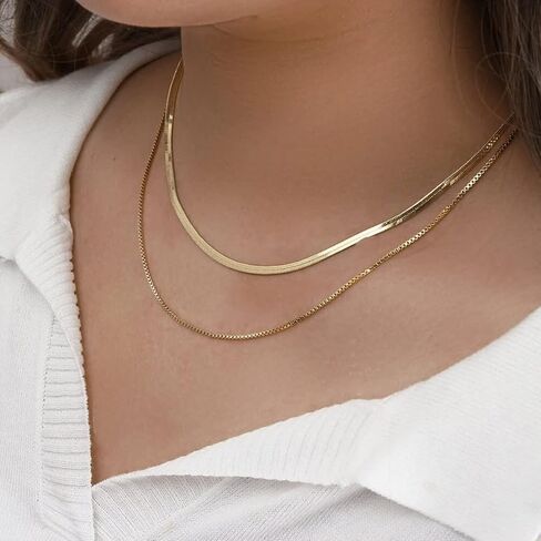 Mauzew 18K Gold Plated Snake Chain Herringbone Necklace Layered Choker Chain Necklaces for Women Dainty Dot Pendant Necklaces Waterproof Jewelry Christmas Gifts for Girls in Kuwait