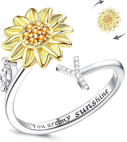 Kucheed Fidget Rings for Women, Sunflower Adjustable Size Spinner Ring, Silver Stackable Stress Relief Anti-Anxiety Letter Finger Circle, Engraved ‘You Are My Sunshine’ Inside the Jewelry Ring in Saudi Arabia