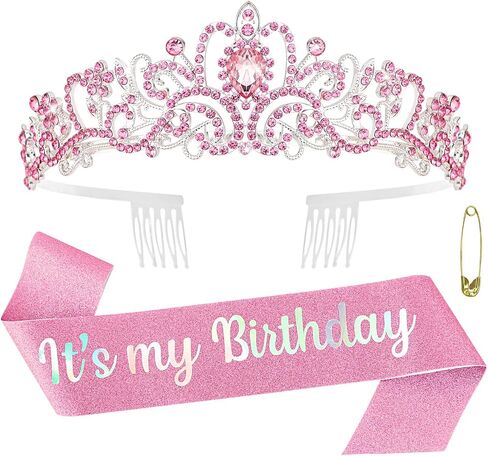ACO-UINT Pink Birthday Crown for Women, Birthday Headband Birthday Sash Birthday Tiara, Birthday Girl Crown Birthday Queen Tiara Decorations Birthday Gifts in Saudi Arabia