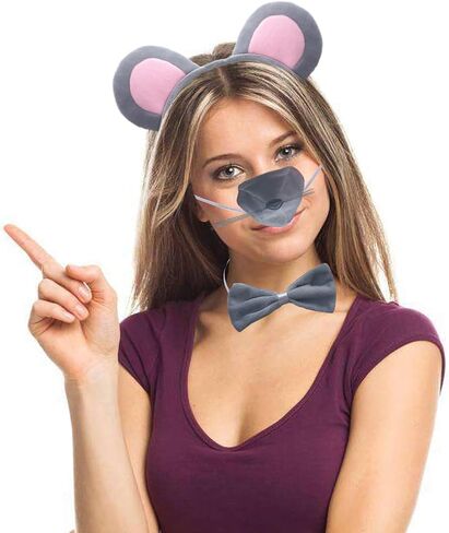 4 Pcs Halloween Mouse Ears Headband Nose Bow Tie Tail Gray Mouse Hair Hoops Women Bowtie Animal Headpiece Hairband Hair Bands Cosplay Dress Up Masquerade Xmas Baby Shower Birthday Party Accessories in Saudi Arabia