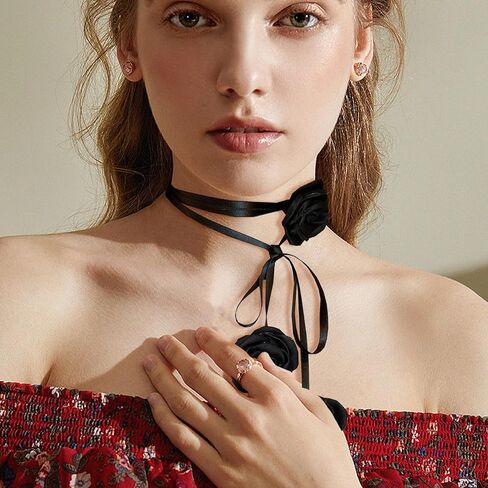 AUDTOPE 2-4Pcs Aesthetic Chunky Puffy Heart Flower Layered Choker Necklace for Women,Black Velvet Choker Necklaces Set Big Heart Choker Adjustable Necklace with Elegant Braided Bow Jewelry Gifts in Saudi Arabia