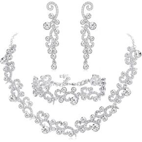 JOERICA Wedding Jewelry Sets for Brides Rhinestone Necklace Bracelet and Rhinestone Dangle Earrings for Women Wave Flower Fashion Costume Jewelry for Women Evening Wear Wedding Engagement Party Prom