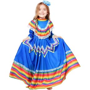 BAKUGOU Mexican Folklorico Dress Girls Cino De Mayo Fiesta Traditional Mexican Costume Jalisco Senorita Dance Dress Kids