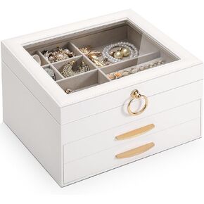 SOLEDI White Jewelry Box for Women, 3 Layers 2 Drawers Jewelry Organizer box with Clear Glass lid, Large Jewelry Storage Boxes for Big and Small Jewelry, Valentine's Day Gift in Kuwait