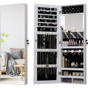 MASMIRE خزانة مجوهرات بمرآة كاملة الطول مع أضواء وباب قفل، منظم خزانة مجوهرات مثبت على الحائط مع سعة تخزين كبيرة خلف الباب خزانة مجوهرات مع أرفف بيضاء in Kuwait