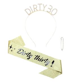 وشاح عيد الميلاد الثلاثين وحجر الراين Dirty 30 مجموعة عصابة رأس لعيد الميلاد - "وشاح عيد الميلاد الثلاثين" - وشاح عيد ميلاد سعيد الثلاثين للنساء هدايا عيد الميلاد الثلاثين وديكورات الحفلات (ذهبي)