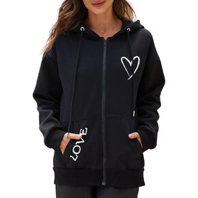 Women's Zip Up Hoodie Oversized Sweatshirt Long Sleeve Cute Tops Love Heart Graphic Fleece Lined Jacket Loose Fit in Saudi Arabia