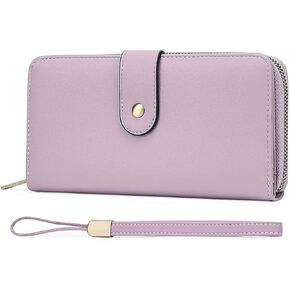 محفظة نسائية من الجلد بنسبة 100% بحجب RFID - سحاب ذو سعة كبيرة حول حامل الهاتف - محفظة معصم للسفر - تصميم بسيط - إبزيم بسحاب عالي الجودة 15+ فتحات لبطاقة الهوية - أرجواني فاتح in Kuwait