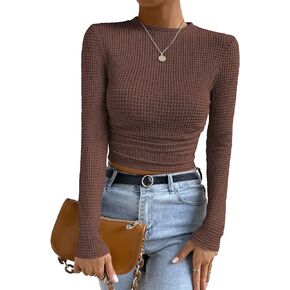 SOLY HUX Women's Mock Neck Long Sleeve Ruched Crochet Crop Tops Waffle Knit Y2k T Shirts