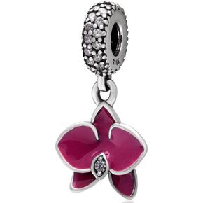 Liphontcta Orchid Charm 925 Sterling Silver Flower Charm with Transparent Cz Stone and Fuschia Enamel for Pandora Bracelet (A) in Saudi Arabia