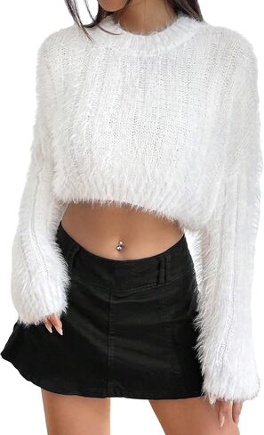 Verdusa Women's Fuzzy Crop Sweater Drop Shoulder Fluffy Pullover Top in Saudi Arabia