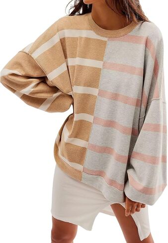 Ebossy المرأة خمر Crewneck كم طويل عادية فضفاض التباين اللون مخطط بلوفر مغزول سترة علوية in Kuwait