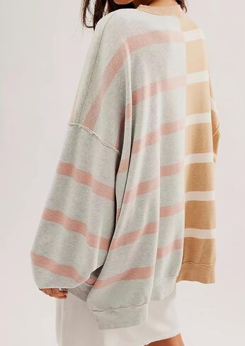 Ebossy المرأة خمر Crewneck كم طويل عادية فضفاض التباين اللون مخطط بلوفر مغزول سترة علوية in Kuwait