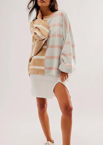 Ebossy المرأة خمر Crewneck كم طويل عادية فضفاض التباين اللون مخطط بلوفر مغزول سترة علوية in Kuwait