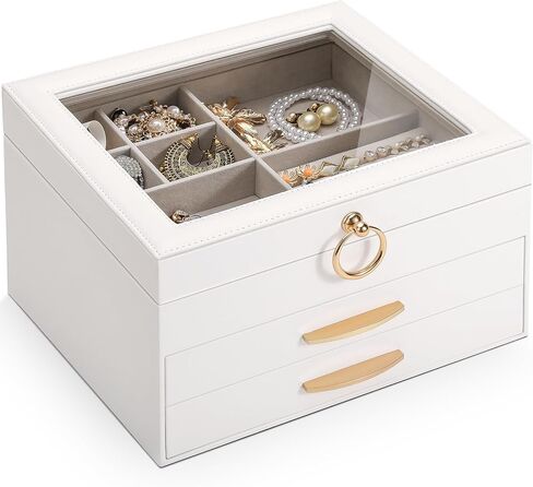 SOLEDI White Jewelry Box for Women, 3 Layers 2 Drawers Jewelry Organizer box with Clear Glass lid, Large Jewelry Storage Boxes for Big and Small Jewelry, Valentine's Day Gift in Kuwait
