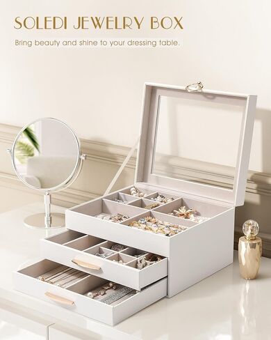 SOLEDI White Jewelry Box for Women, 3 Layers 2 Drawers Jewelry Organizer box with Clear Glass lid, Large Jewelry Storage Boxes for Big and Small Jewelry, Valentine's Day Gift in Kuwait