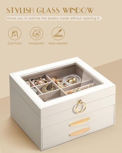 SOLEDI White Jewelry Box for Women, 3 Layers 2 Drawers Jewelry Organizer box with Clear Glass lid, Large Jewelry Storage Boxes for Big and Small Jewelry, Valentine's Day Gift in Kuwait
