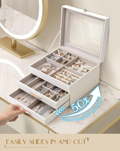 SOLEDI White Jewelry Box for Women, 3 Layers 2 Drawers Jewelry Organizer box with Clear Glass lid, Large Jewelry Storage Boxes for Big and Small Jewelry, Valentine's Day Gift in Kuwait