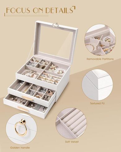 SOLEDI White Jewelry Box for Women, 3 Layers 2 Drawers Jewelry Organizer box with Clear Glass lid, Large Jewelry Storage Boxes for Big and Small Jewelry, Valentine's Day Gift in Kuwait