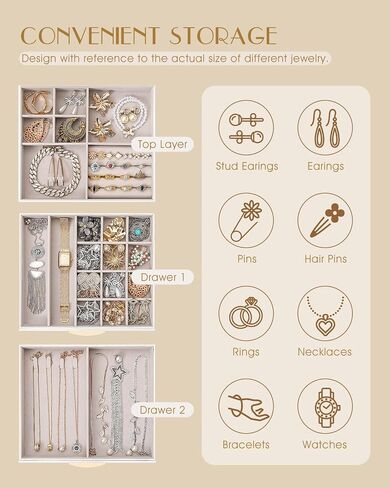 SOLEDI White Jewelry Box for Women, 3 Layers 2 Drawers Jewelry Organizer box with Clear Glass lid, Large Jewelry Storage Boxes for Big and Small Jewelry, Valentine's Day Gift in Kuwait