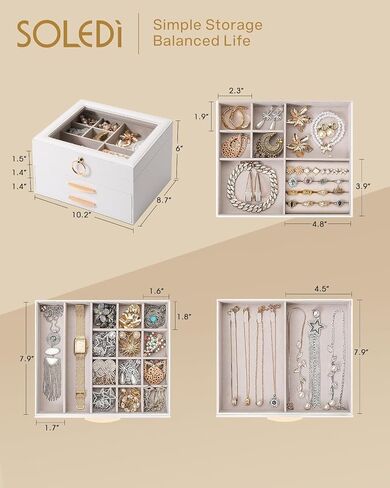 SOLEDI White Jewelry Box for Women, 3 Layers 2 Drawers Jewelry Organizer box with Clear Glass lid, Large Jewelry Storage Boxes for Big and Small Jewelry, Valentine's Day Gift in Kuwait