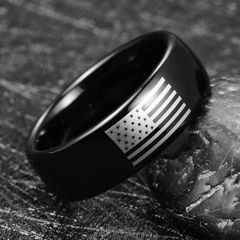 Vakki 8 مللي متر خاتم أسود للرجال العلم الأمريكي التنغستن خواتم الزفاف القبة مصقول النهاية الفرقة للخطوبة الذكرى حجم 7-12 in Kuwait