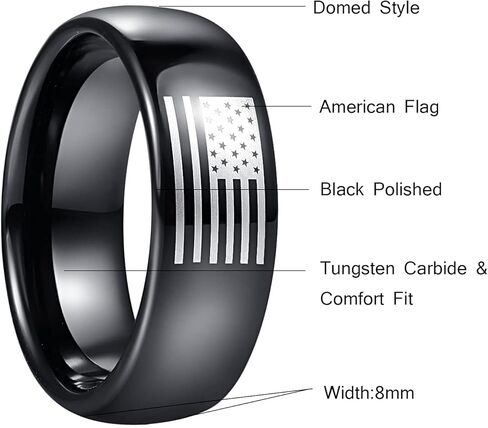 Vakki 8 مللي متر خاتم أسود للرجال العلم الأمريكي التنغستن خواتم الزفاف القبة مصقول النهاية الفرقة للخطوبة الذكرى حجم 7-12 in Kuwait