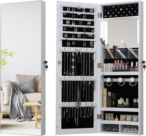MASMIRE خزانة مجوهرات بمرآة كاملة الطول مع أضواء وباب قفل، منظم خزانة مجوهرات مثبت على الحائط مع سعة تخزين كبيرة خلف الباب خزانة مجوهرات مع أرفف بيضاء in Kuwait
