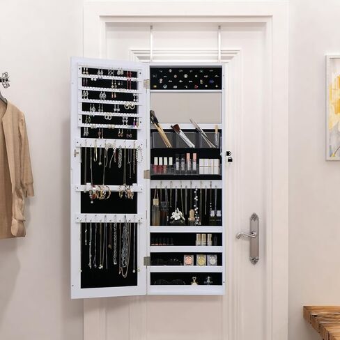 MASMIRE خزانة مجوهرات بمرآة كاملة الطول مع أضواء وباب قفل، منظم خزانة مجوهرات مثبت على الحائط مع سعة تخزين كبيرة خلف الباب خزانة مجوهرات مع أرفف بيضاء in Kuwait
