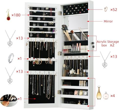 MASMIRE خزانة مجوهرات بمرآة كاملة الطول مع أضواء وباب قفل، منظم خزانة مجوهرات مثبت على الحائط مع سعة تخزين كبيرة خلف الباب خزانة مجوهرات مع أرفف بيضاء in Kuwait