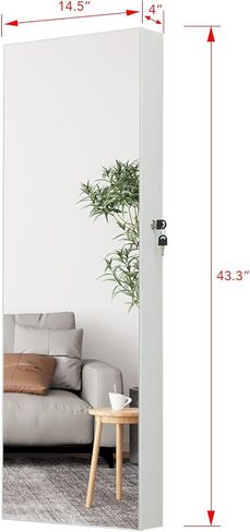 MASMIRE خزانة مجوهرات بمرآة كاملة الطول مع أضواء وباب قفل، منظم خزانة مجوهرات مثبت على الحائط مع سعة تخزين كبيرة خلف الباب خزانة مجوهرات مع أرفف بيضاء in Kuwait