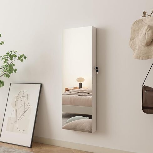 MASMIRE خزانة مجوهرات بمرآة كاملة الطول مع أضواء وباب قفل، منظم خزانة مجوهرات مثبت على الحائط مع سعة تخزين كبيرة خلف الباب خزانة مجوهرات مع أرفف بيضاء in Kuwait