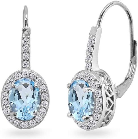 Sterling Silver Genuine or Synthetic Gemstone 8x6mm Oval Halo Drop Leverback Earrings for Women in Saudi Arabia