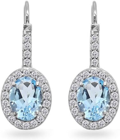 Sterling Silver Genuine or Synthetic Gemstone 8x6mm Oval Halo Drop Leverback Earrings for Women in Saudi Arabia