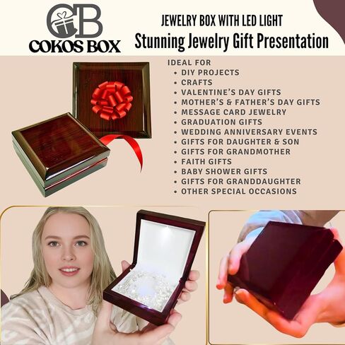 Wooden Jewelry Box with LED Light for Pendant Necklace Gift, 4 x 4 x 1.5 Inches Empty Wood Case White Interior for Special Occasions, 1 Pack, Mahogany in Saudi Arabia