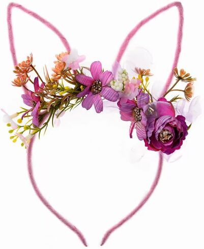 Bubbmi Easter Bunny Headband with Artificial Flowers Crown, Rabbit Long Ear Hairbands Festival Costume Hair Accessories for Girls Women (pink) in Saudi Arabia
