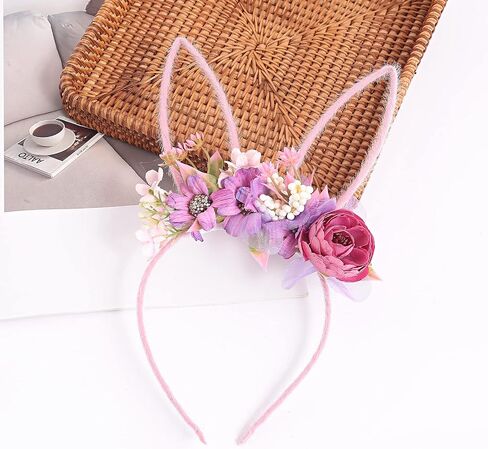 Bubbmi Easter Bunny Headband with Artificial Flowers Crown, Rabbit Long Ear Hairbands Festival Costume Hair Accessories for Girls Women (pink) in Saudi Arabia