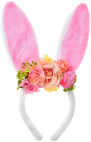 Bubbmi Easter Bunny Headband with Artificial Flowers Crown, Rabbit Long Ear Hairbands Festival Costume Hair Accessories for Girls Women (pink) in Saudi Arabia