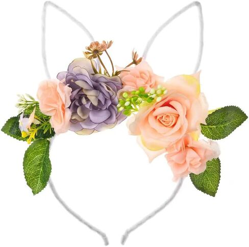 Bubbmi Easter Bunny Headband with Artificial Flowers Crown, Rabbit Long Ear Hairbands Festival Costume Hair Accessories for Girls Women (pink) in Saudi Arabia