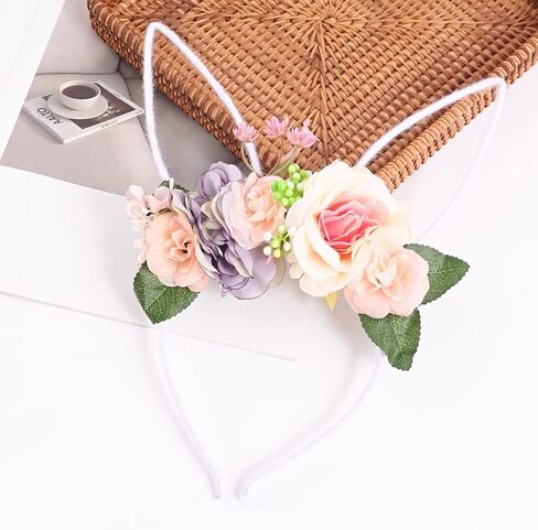 Bubbmi Easter Bunny Headband with Artificial Flowers Crown, Rabbit Long Ear Hairbands Festival Costume Hair Accessories for Girls Women (pink) in Saudi Arabia