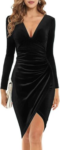 فستان نسائي أنيق بأكمام طويلة مخملي، فتحة رقبة على شكل V، فستان رسمي متوسط ​​الطول لحفلات الكوكتيل in Kuwait