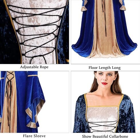 فستان Ehoomely Halloween للسيدات من العصور الوسطى وعصر النهضة، أزياء تنكرية كلاسيكية بأربطة، فستان أيرلندي عتيق طويل فوق الفساتين in Kuwait