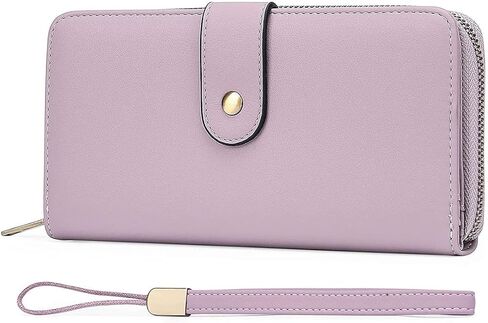 محفظة نسائية من الجلد بنسبة 100% بحجب RFID - سحاب ذو سعة كبيرة حول حامل الهاتف - محفظة معصم للسفر - تصميم بسيط - إبزيم بسحاب عالي الجودة 15+ فتحات لبطاقة الهوية - أرجواني فاتح in Kuwait